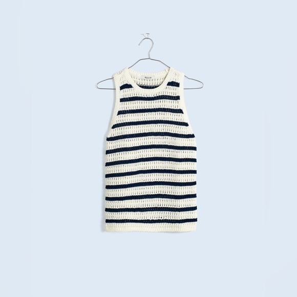 Madewell Womens Crochet-Knit Crewneck Sweater Tank N0991 Sz XS in Blue&White NWT - Picture 1 of 7